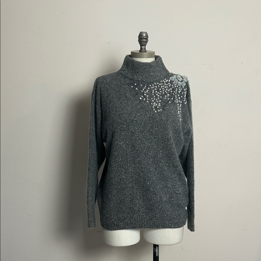 Vintage Dicarlo Gray Decorated Silk Nylon Angora Lambswool Mock Neck Sweater L